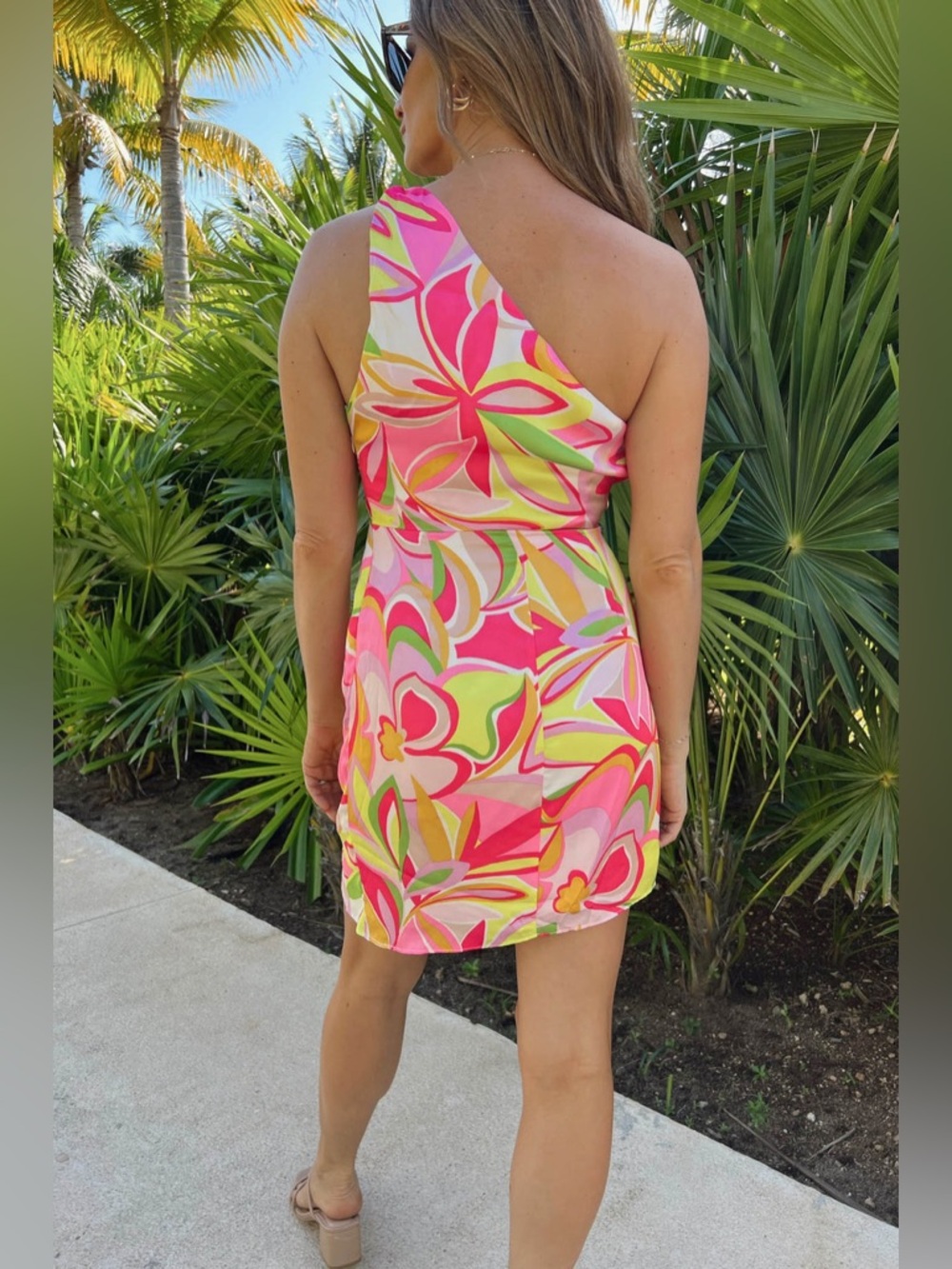 DO+BE Satin One Shoulder Ruched Abstract Floral Tropical Print Dress Size L - Picture 2 of 8